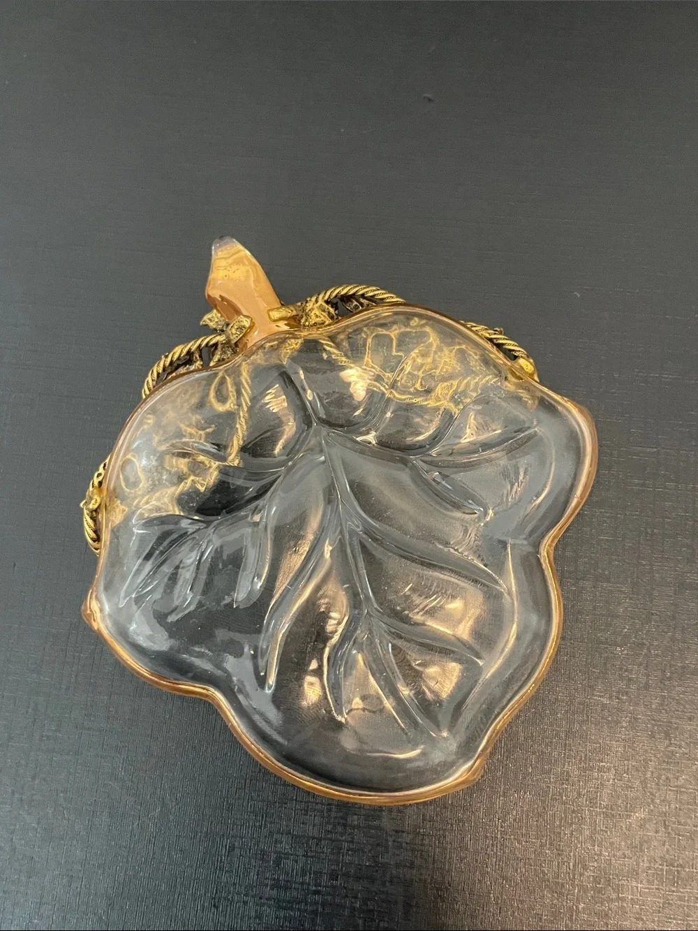 Vintage Glass Leaf Trinket Dish with Gold-Tone Jeweled Trim and Gold Rim